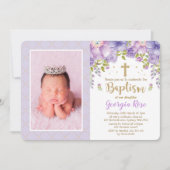 ラベンダー ゴールド フラワープリンセス / 女の子の洗礼 誕生会 招待状 (正面)