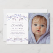 ラベンダー スプリング ガーデン 1歳 誕生日写真 招待状 (正面)