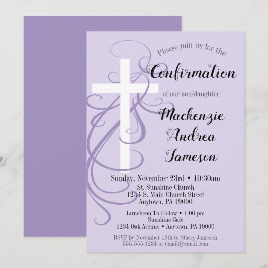 ラベンダー スワール 十字確認招待状 招待状 (正面/裏面)