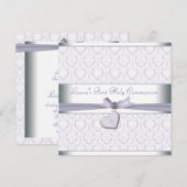 ラベンダー ダマスク 十字架 女の子 紫色 ファースト コミュニオン 招待状 (正面/裏面)