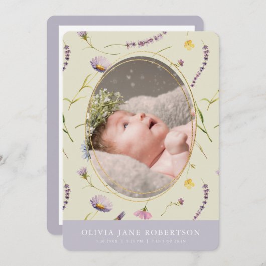 ラベンダー&デイジーガール写真誕生のお知らせ 招待状 (正面/裏面)