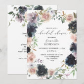 ラベンダー、ネイビー、＆ ブラッシュピンクの花の ブライダルシャワー 招待状 (正面/裏面)