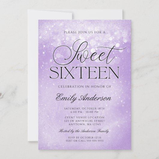 ラベンダー パープル スパークル Sweet 16 招待状 (正面)
