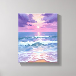 ラベンダー パープル ビーチ 日没 水彩画 キャンバスプリント