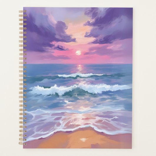 ラベンダー パープル ビーチ 日没 水彩画 プランナー手帳 (正面)