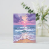 ラベンダー パープル ビーチ 日没 水彩画 ポストカード (スタンド正面)