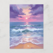ラベンダー パープル ビーチ 日没 水彩画 ポストカード (正面)