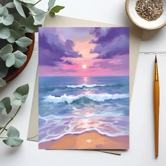 ラベンダー パープル ビーチ 日没 水彩画 ポストカード