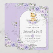 ラベンダー パープル フラワー スウィート ライオン キューブ ベビー シャワー 招待状 (正面/裏面)