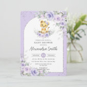 ラベンダー パープル フラワー スウィート ライオン キューブ ベビー シャワー 招待状 (スタンド正面)