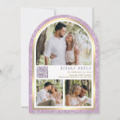 ラベンダー パープル フローラル ゴールド アーチ バタフライ ウェディング 招待状 (裏面)