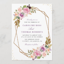 ラベンダー パープル & ブラッシュ フラワー幾何学 ウェディング 招待状