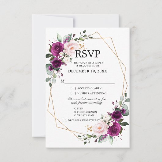 ラベンダー パープル プラム ブラッシュ ピンク フローラル ジオメトリック 出欠カード (正面)