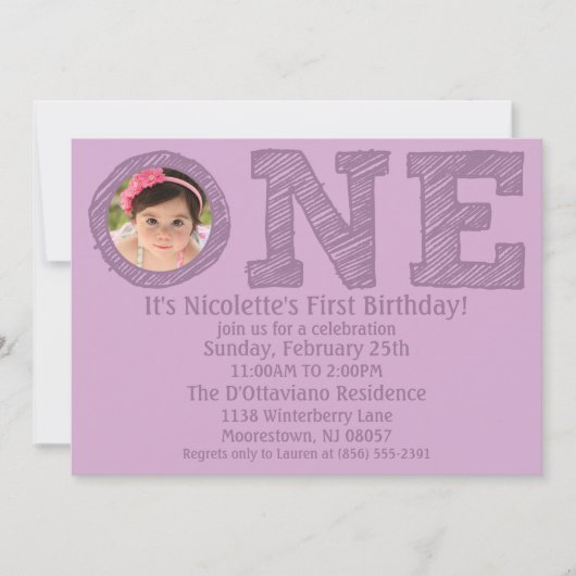 ラベンダー,ビッグ·ワン·フォト·ファースト·バースデー·パーティー 招待状 (正面)