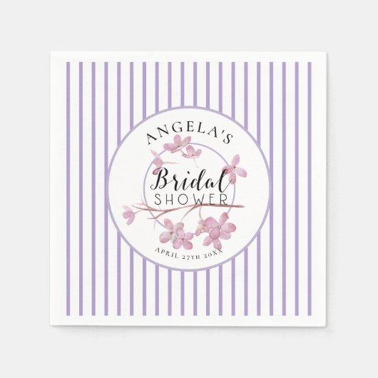 ラベンダー ピンク ライラック ストライプ ブライダル シャワー スタンダードカクテルナプキン (正面)