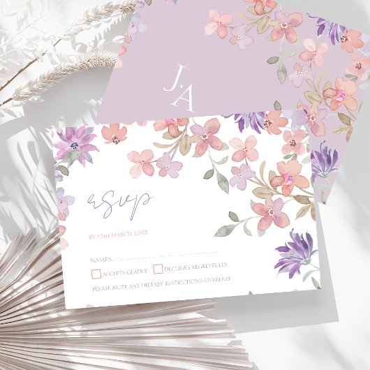 ラベンダー ピンク ワイルドフラワー 水彩 結婚式 RSVP