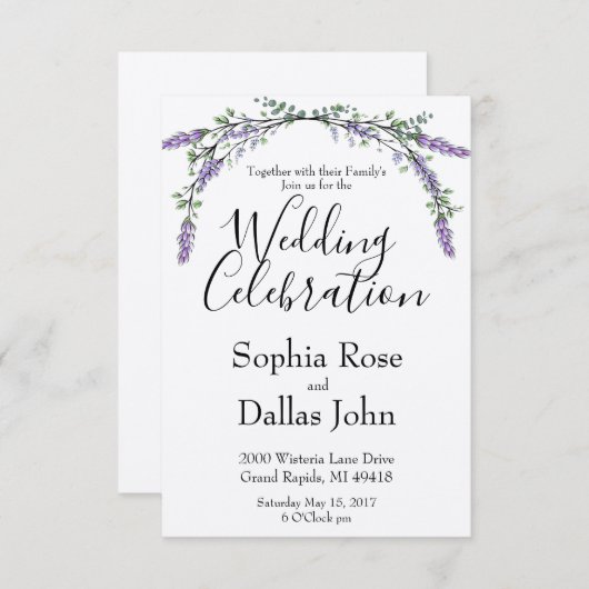 ラベンダー ピンク ワイルド ローズとユーカリのウェディング 招待状 (正面/裏面)
