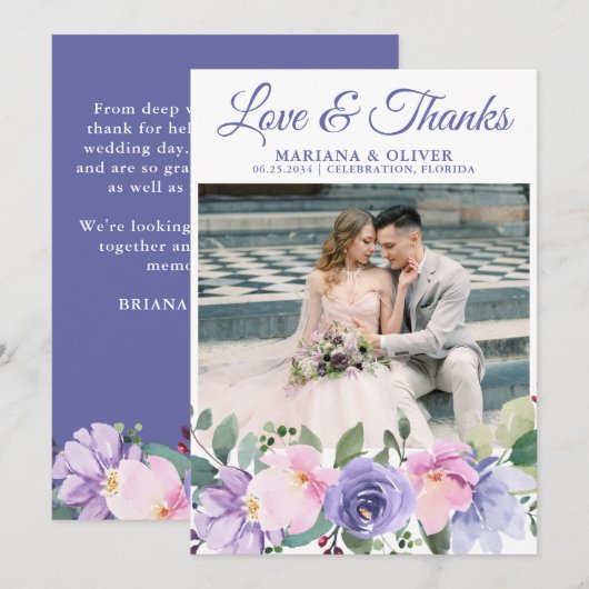 ラベンダー・フラワーの結婚式フォトサンクスカード 招待状 (正面/裏面)