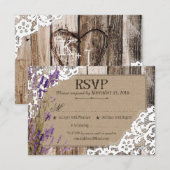 ラベンダー フラワー ウッドレース ラスティック RSVP カード (正面/裏面)