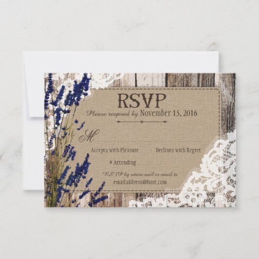 ラベンダー フラワー ウッドレース ラスティック RSVP カード (正面)