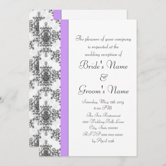 ラベンダー ブラック ホワイト ダマスク ウェディング レセプション 招待状 (正面/裏面)