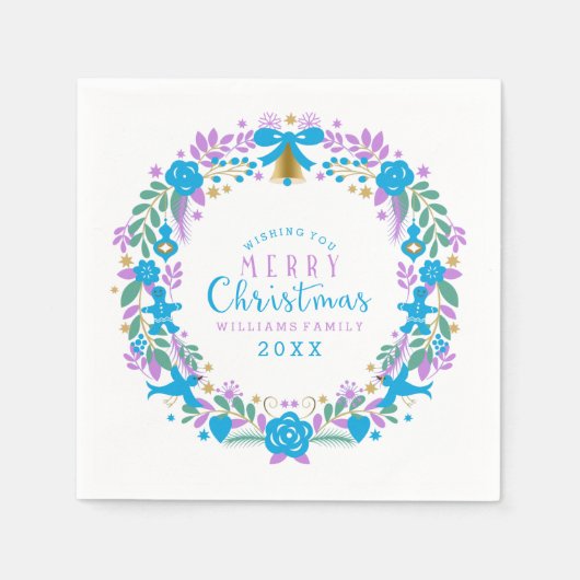 ラベンダー&ブルークリスマスリースメリークリスマス スタンダードカクテルナプキン (正面)