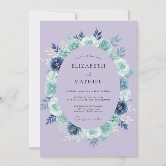 ラベンダー ブルー フラワー リース ウェディング 招待状 (正面)