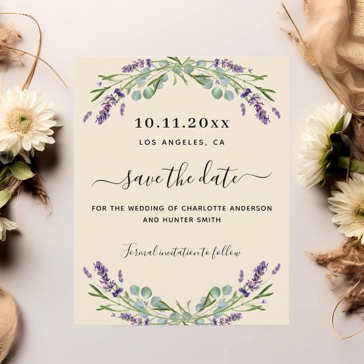 ラベンダー ベージュの結婚式 予算を抑えた Save the Date チラシ