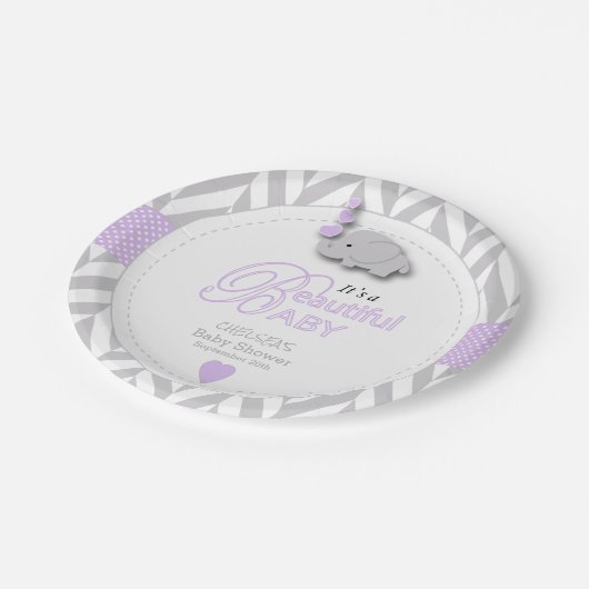 ラベンダー、ホワイトグレーエレファントベビーシャワー ペーパープレート (アングル)