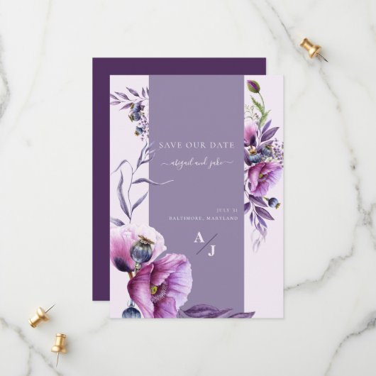 ラベンダー ポピー フラワーの結婚式 Save Our Date セーブザデート (正面/裏面インサイチュ)