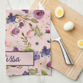 ラベンダー&マゼンタウォーターカラーバラ&バイオレット キッチンタオル (四つ折り)