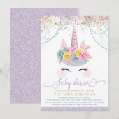 ラベンダー ユニコーン 女の子 ベビーシャワー 招待状 (正面/裏面)