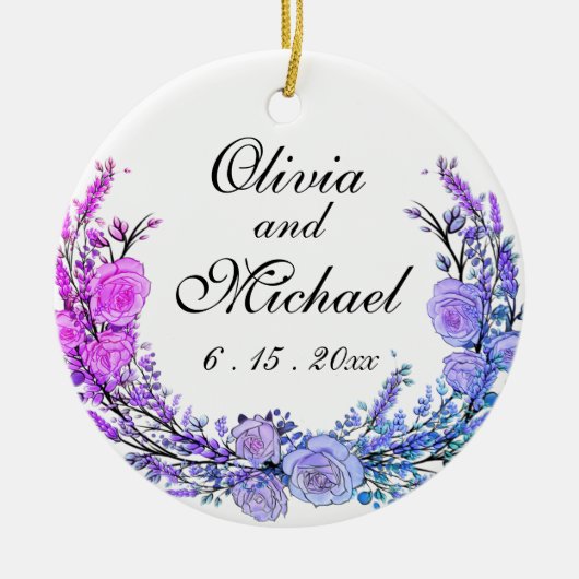 ラベンダー、ユーカリ、ピンクパープルティール（緑がかった色）バラ セラミックオーナメント (正面)