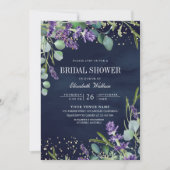 ラベンダー ユーカリ QR コード ネイビー ブライダル シャワー 招待状 (正面)