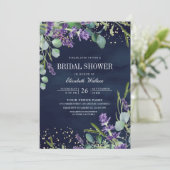 ラベンダー ユーカリ QR コード ネイビー ブライダル シャワー 招待状 (スタンド正面)