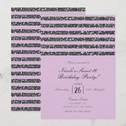 ラベンダー ライラック パープル シルバー グリッター ストライプ パーティー 招待状 (正面/裏面)