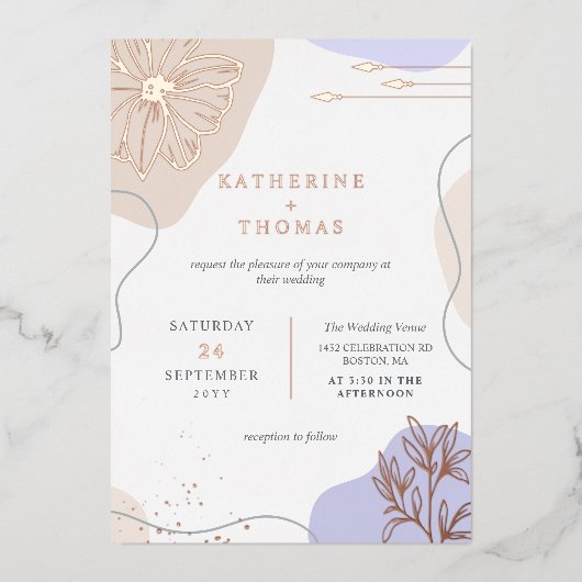 ラベンダー&リネンフローラグリーン結婚リー 箔招待状 (正面)