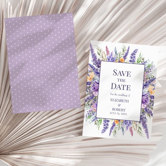 ラベンダー リラックの水彩花のSave The Date 招待状