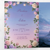ラベンダー ローズ フジの夕暮れの城の結婚式 三つ折り招待状 (内部最初)