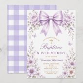 ラベンダー+ワイルドフラワーのリボン付き洗礼式＆初誕生日 招待状 (正面/裏面)