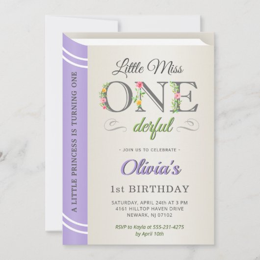 ラベンダー·ワン恋しく思ダーフル·ガール·ファースト·誕生日 招待状 (正面)