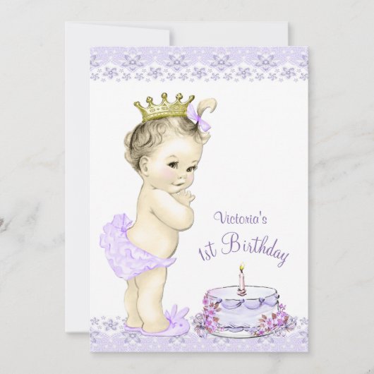 ラベンダー　女の子用　1歳の誕生日　招待状 招待状 (正面)