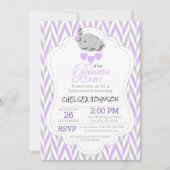 ラベンダー、白い及び灰色の象のベビーシャワー 招待状 (正面)