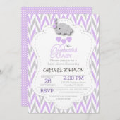 ラベンダー、白い及び灰色の象のベビーシャワー 招待状 (正面/裏面)