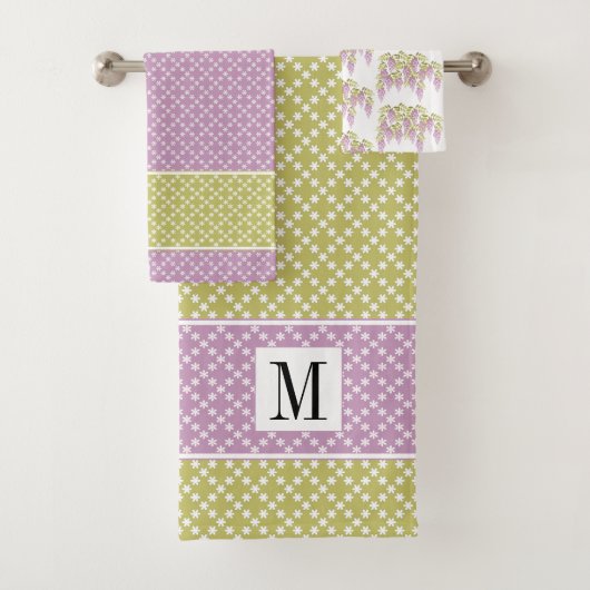 ラベンダー、緑の柄の藤の花のタオルのセット バスタオルセット (インサイチュ)