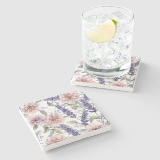 ラベンダー・芍薬の水彩花柄ガーデン ストーンコースター (横)
