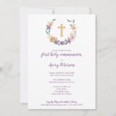 ラベンダー&金ゴールド·フローラ·クロス第1回聖餐式 招待状 (正面)