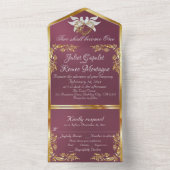 ラベンダー、離れ金ゴールド、鳩とハート オールインワン招待状 (内側)