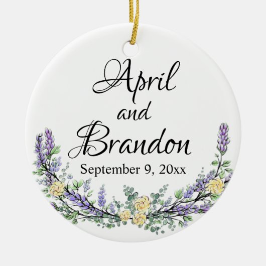 ラベンダー、黄色のバラとユーカリ セラミックオーナメント (正面)