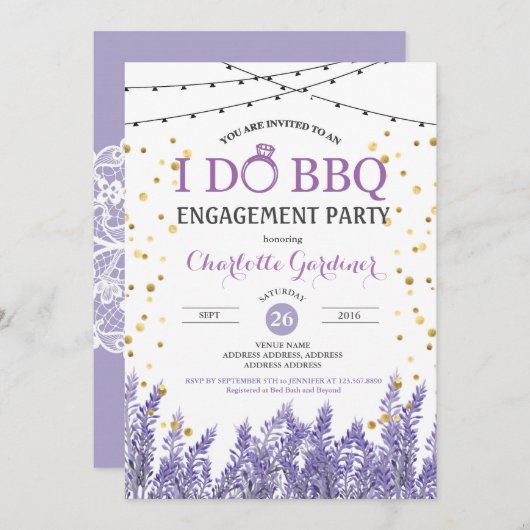 ラベンダーIはBBQ婚約パーティパープル&金ゴールド 招待状 (正面/裏面)